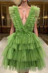 A Line Pink V Neck Tiered Homecoming Dresses,Tulle Short Formal Prom Party Dresses